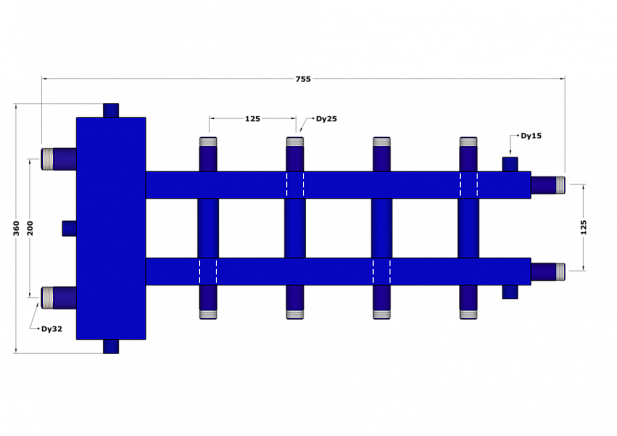 Коллектор с гидрострелкой DGB32-U2+2+1.25.125, до 70 кВт, подача-обратка 1 1/4", потребители 1"